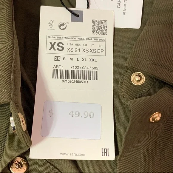 ZARA Army Green Longline Utility Jacket/Dress XS - Picture 10 of 16